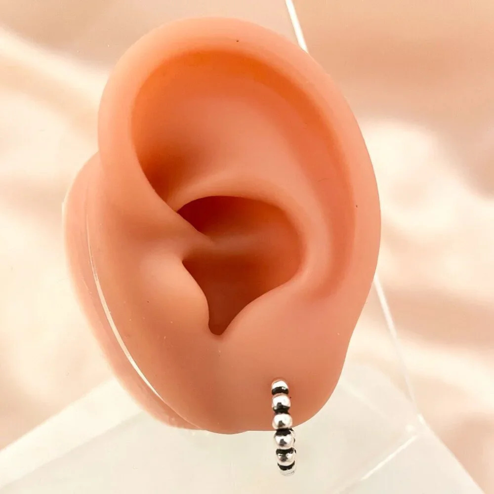 925 Sterling Silver Small Hoop Earrings Bead Earrings 14 mm Small Hoops - Picture 2 of 4